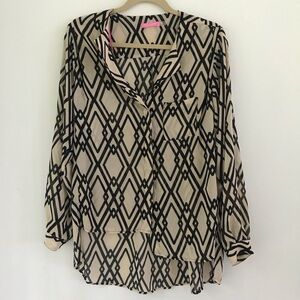 Isaac Mizrahi NY Beige Black Geometric Button-Front Women’s High Low Blouse 12